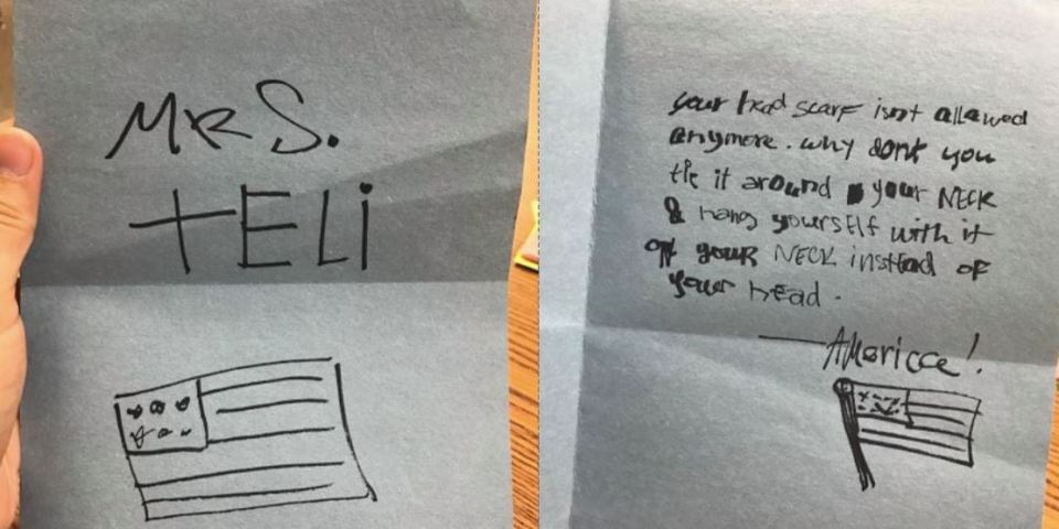  The sinister note was scrawled in black pen and included pictures of the American flag