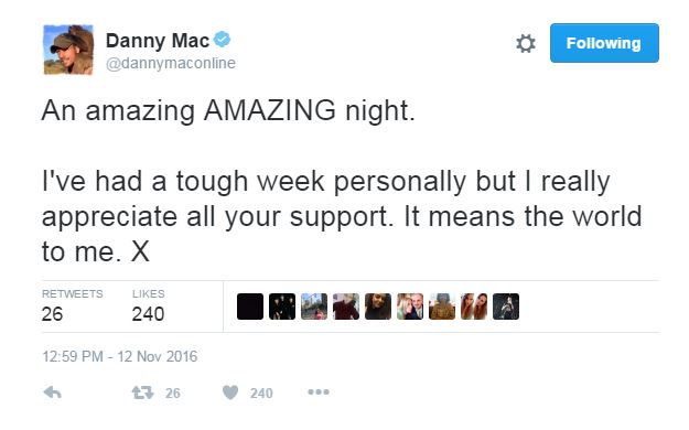  Danny also referred to his tough week personally on his Twitter account after the show