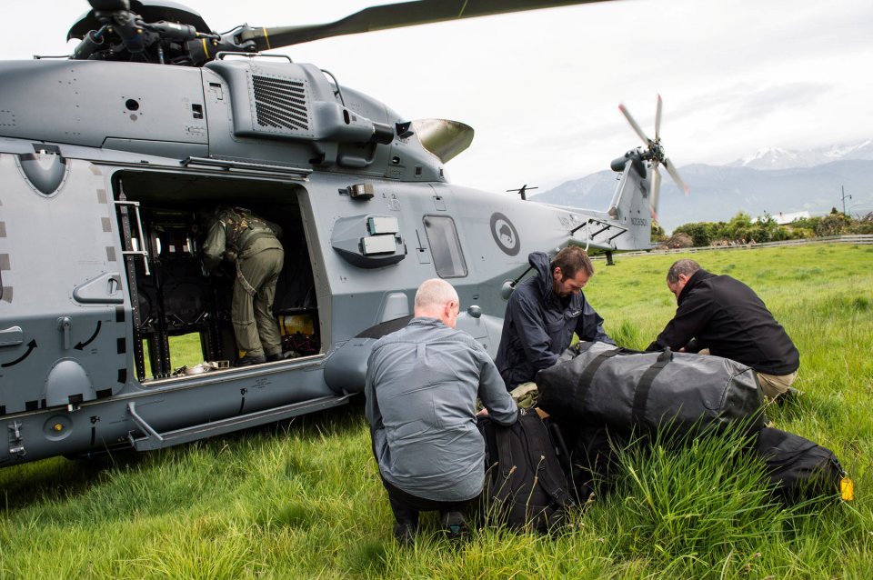  A Royal New Zealand Air Force NH90 helicopter delivers government officials and police to assess earthquake damage in Kaihoura