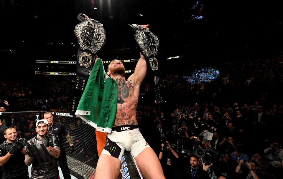  Conor McGregor of Ireland celebrates his KO victory over Eddie Alvarez