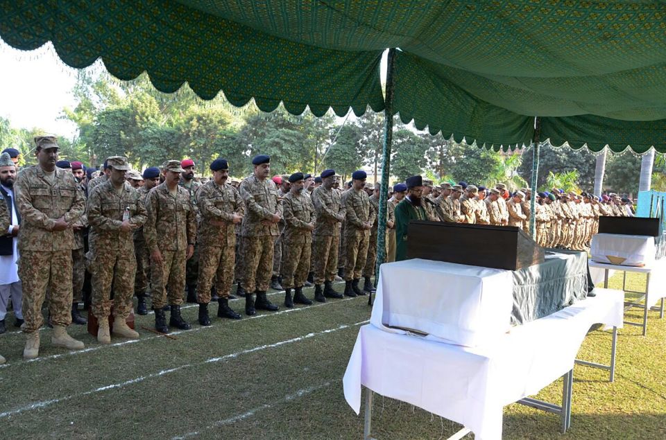  Pakistani officials have released images of a funeral service for one of the seven soldiers killed in cross-border shelling with India this morning