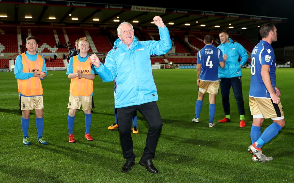 Eastleigh boss Ronnie Moore celebrates as his side dumped Swindon out of the FA Cup