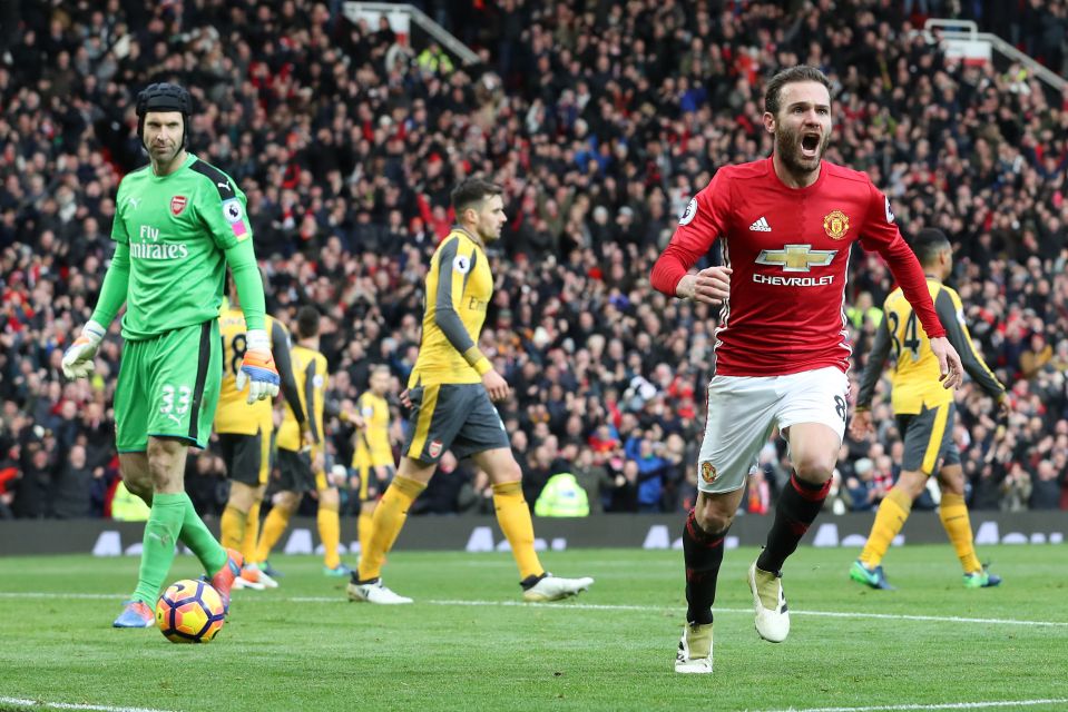 Juan Mata celebrates the winner against Arsenal at Old Trafford