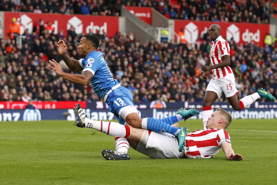 Ryan Shawcross was not penalised for this clattering challenge on Callum Wilson