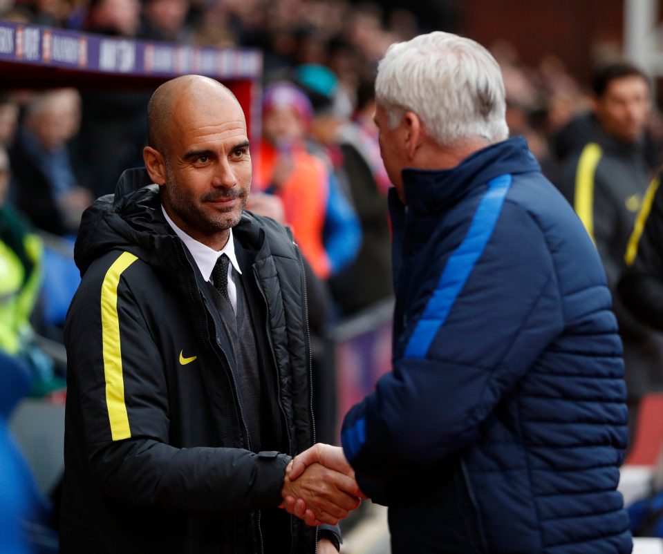  Alan Pardew has seen the Eagles fall away while Man City boss Pep Guardiola has enjoyed better fortunes with, of course, far bettre resources