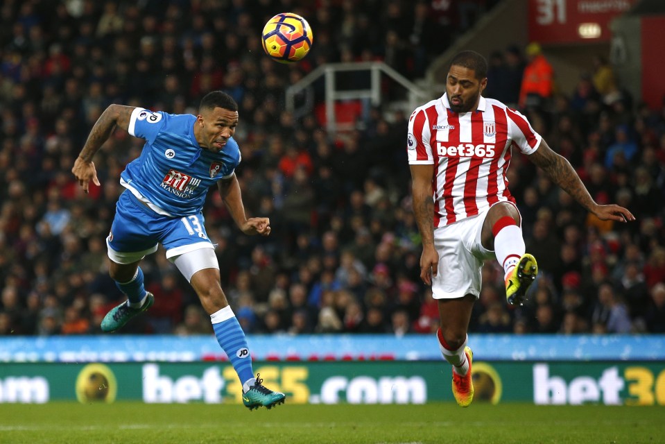 Callum Wilson gets to the ball before Stoke City's Glen Johnson 