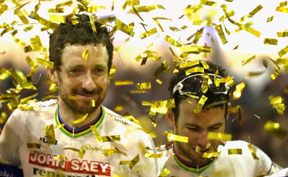 Sir Bradley Wiggins and Mark Cavendish celebrate victory 