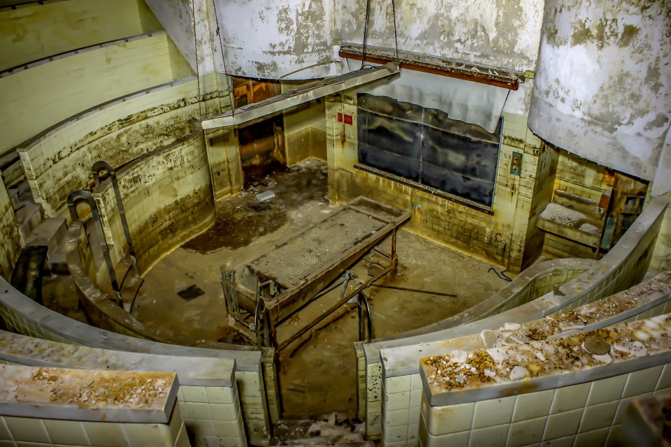 A spooky operating theatre behind the morgue in the rotting hospital 