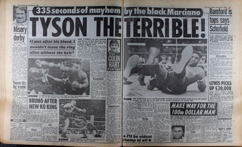 The Sun gave a double-page spread to Mike Tyson making history and signalling a new domination of the heavyweight division