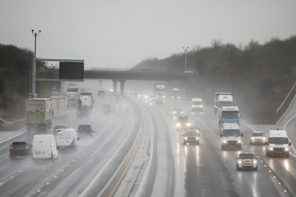 Difficult driving conditions in the rain on the M1 near Sheffield today