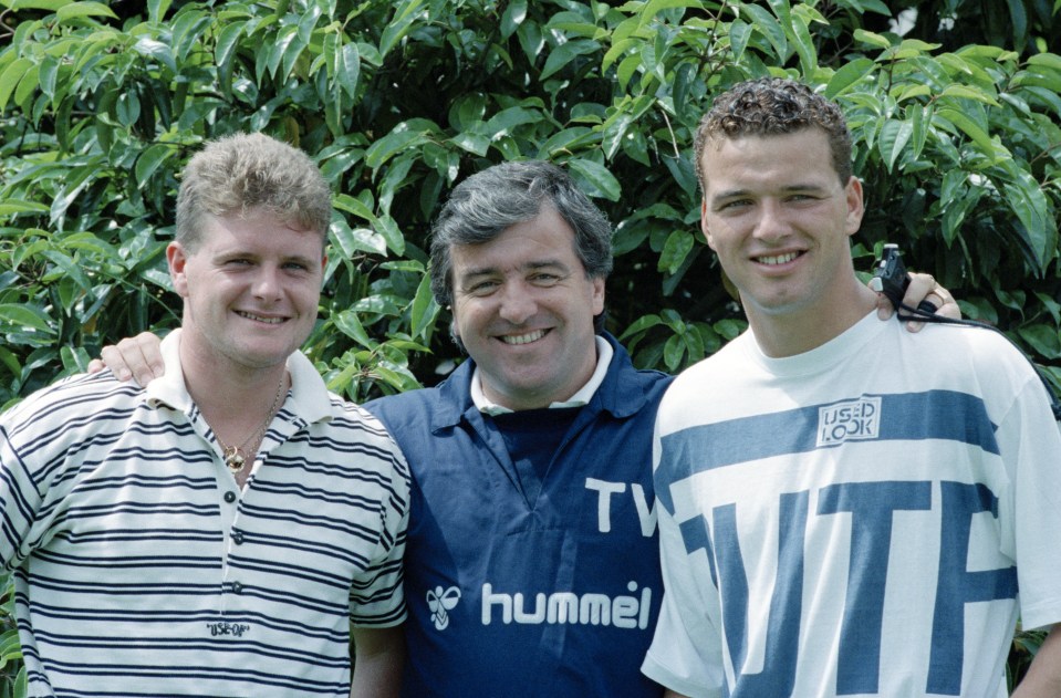  Tottenham Hotspur manager Terry Venables with new signings Paul Gascoigne and Paul Stewart in 1988