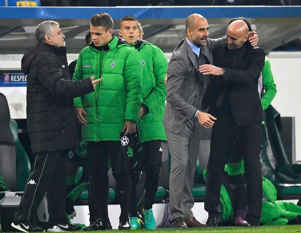 Manchester City boss Pep Guardiola acknowledges Moenchengladbach chief Andre Schubert after the 2-2 draw 