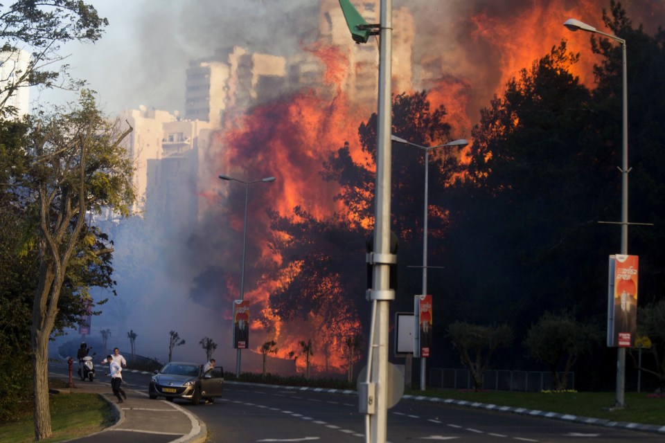  Devastation ... men flee their car as uncontrollable fire burns surroundings in coastal city of Haifa, Israel