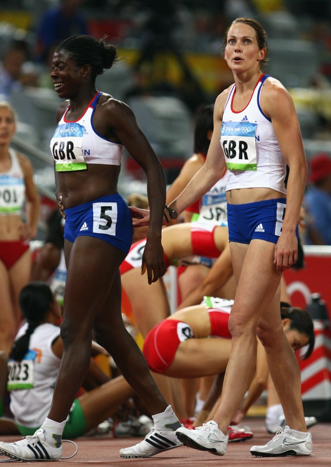 Kelly Sotherton of Great Britain leave the track after the finish of the race which has now seen them finish third