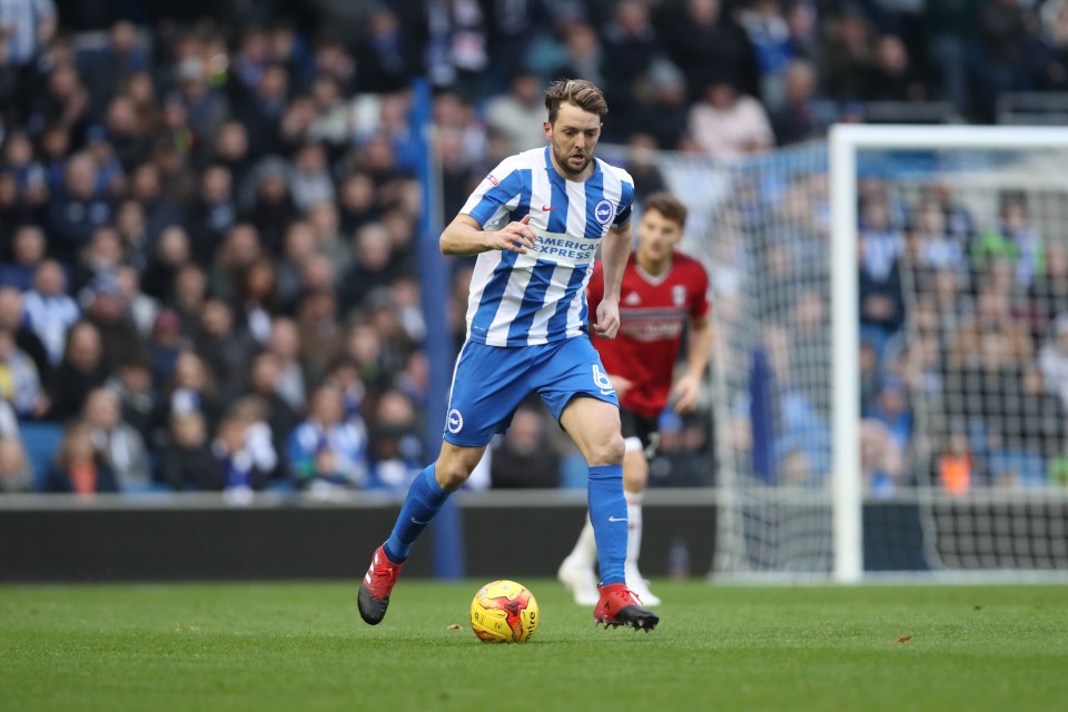  Brighton midfielder Dale Stephens carries the ball in to Fulham's half