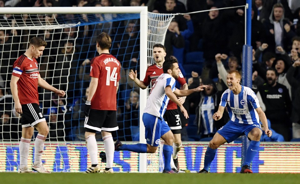  Sam Baldock celebrates scoring Brighton's equaliser