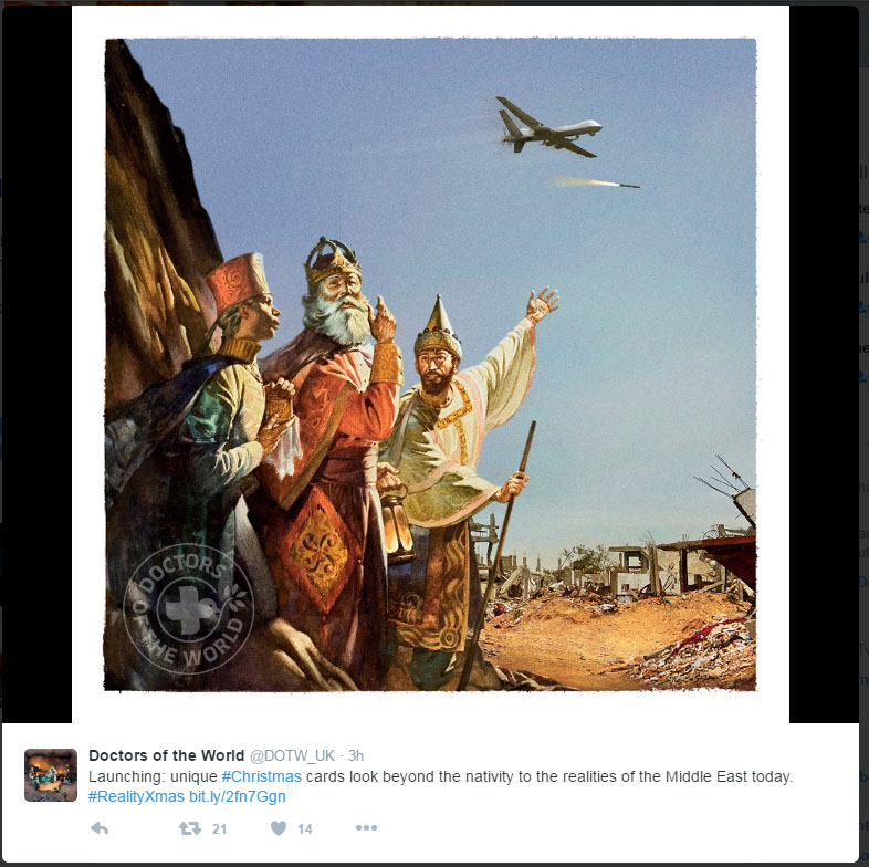  As The Three Wise men make their way to baby Jesus in this picture, planes and rockets fly overhead