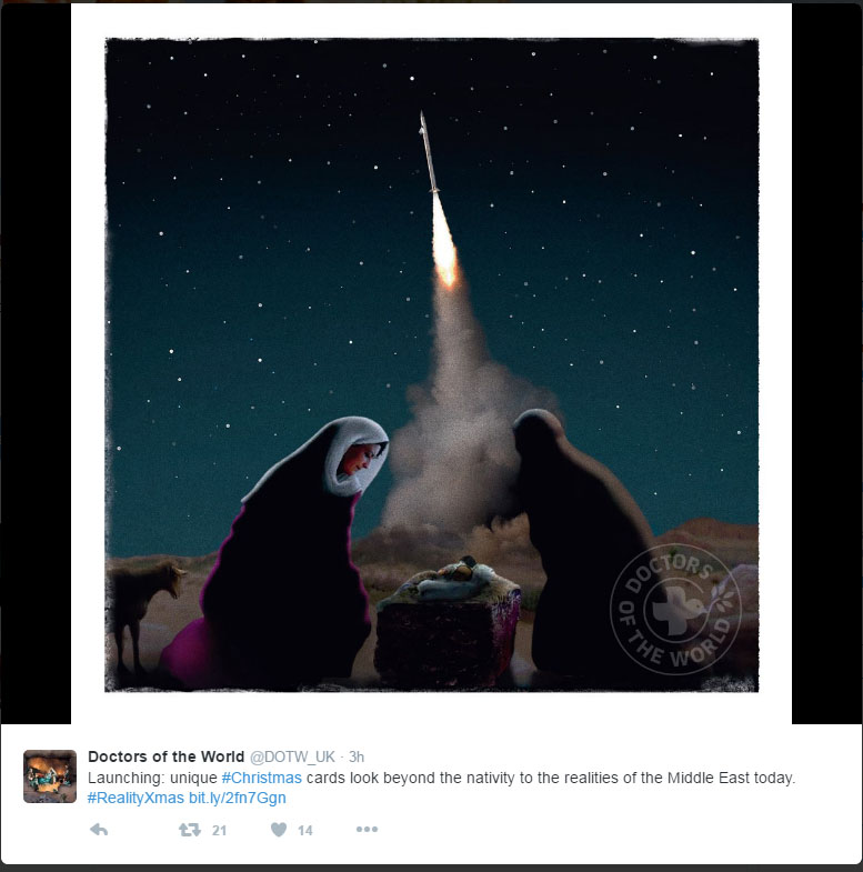  This Doctors of the World picture shows a missile launching above the holy family