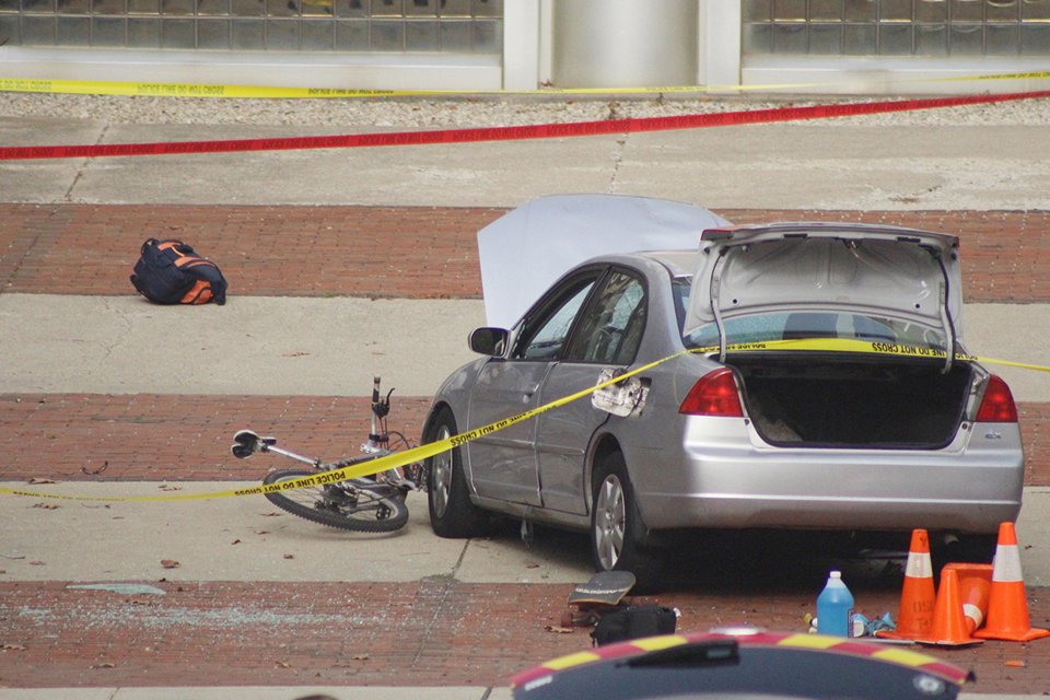  A car which police say was used by an attacker to plow into a group of student