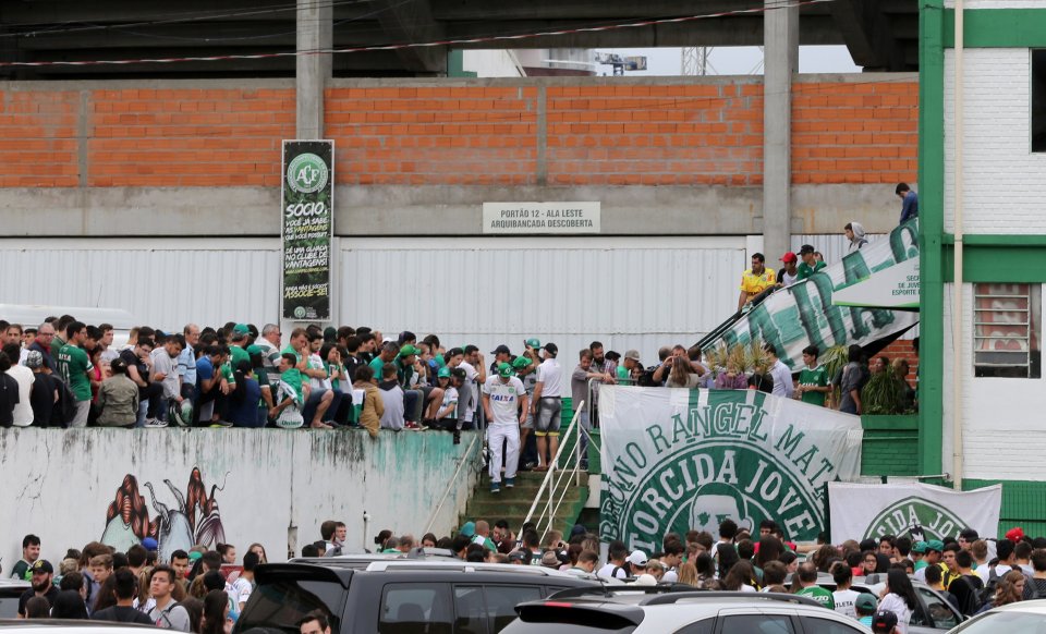 Fans of Chapecoense soccer team are pictured in front of the Arena Conda stadium in Chapeco