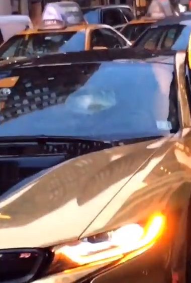 The footage shows the damage caused to the windscreen