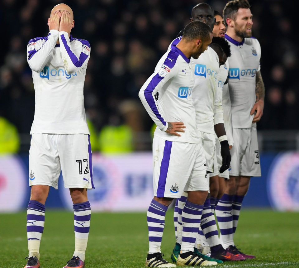 Jonjo Shelvey looks crestfallen following his missed penalty and Newcastle's exit from the EFL Cup tonight