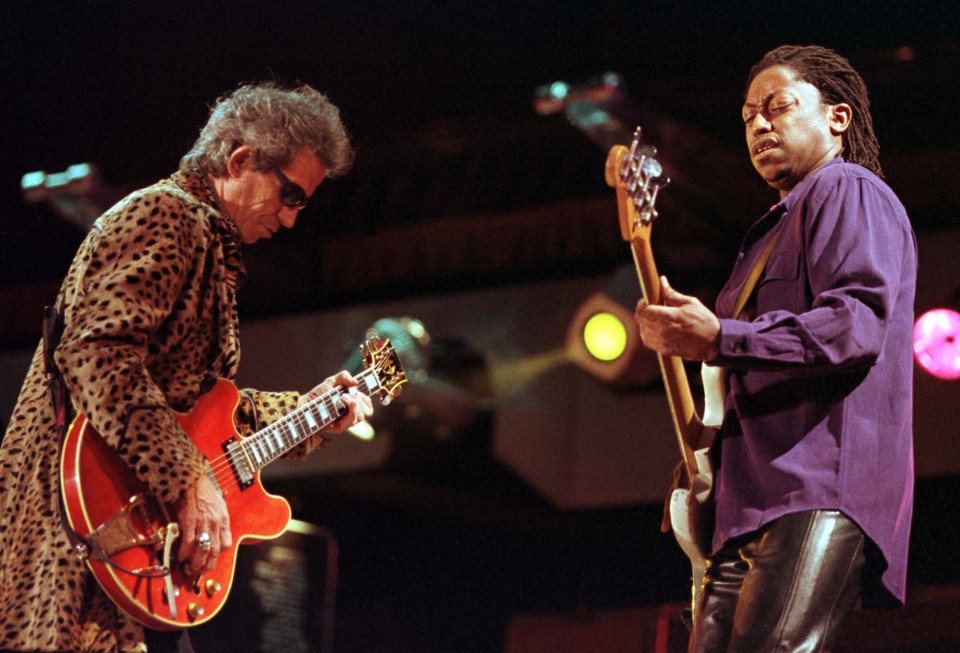  Keith Richards and bass player Darryl Jones during band's Bridges to Babylon tour