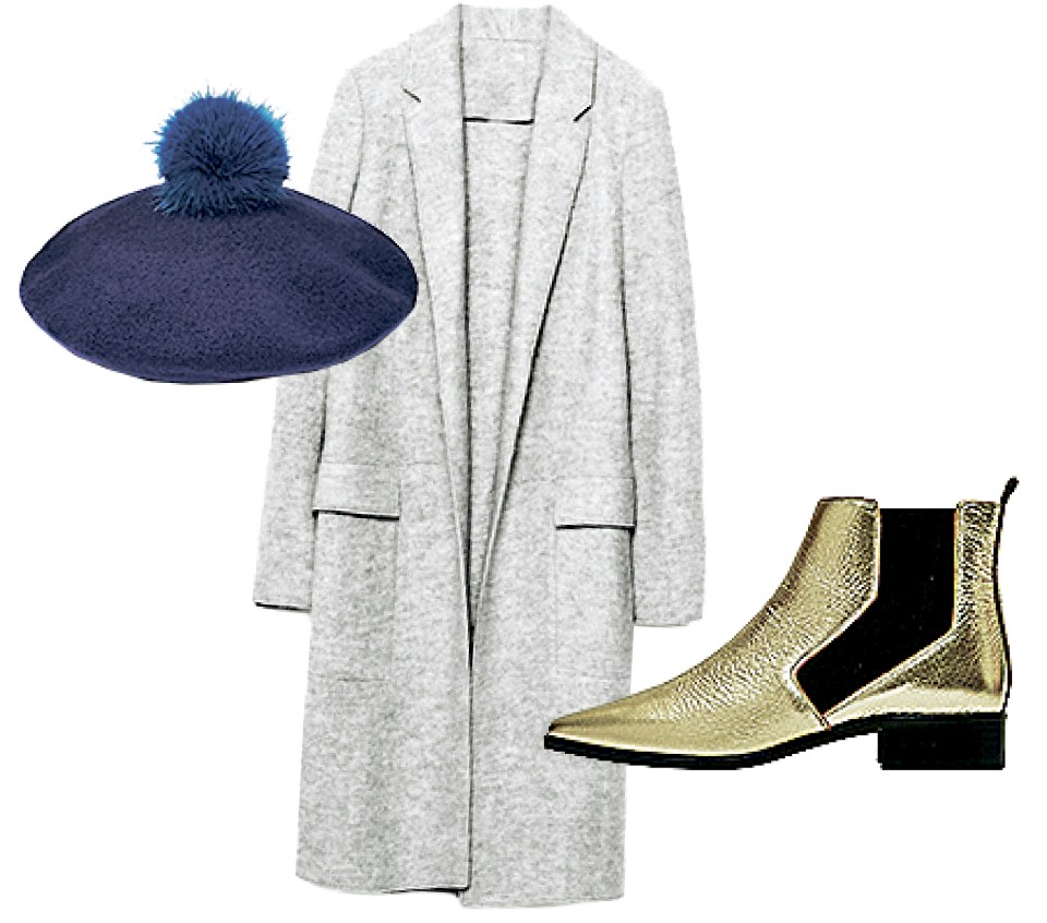  Wrap up warm in this hat, £46, coat, Helen Moore at House of Fraser, coat, £79.99, Zara, and boots, £84, Office.