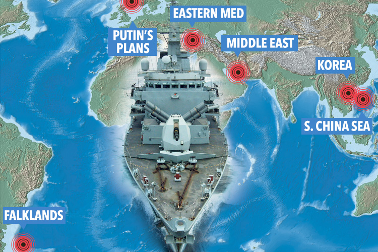 Map showing the six conflicts that could easily scupper the Royal Navy's fleet 