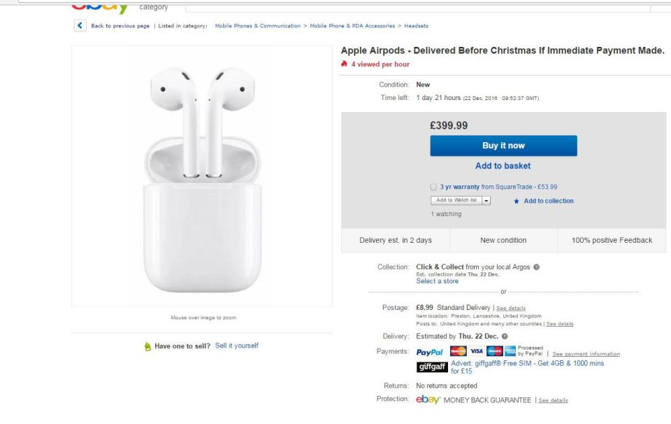 Apple Airpods are selling for over £399 on eBay