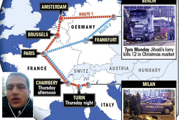 A map showing routes Amri could have taken from Berlin to Milan