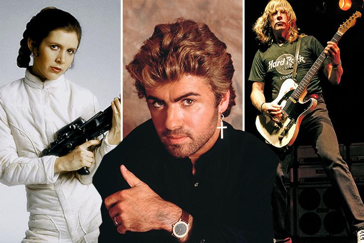 Carrie Fisher, left, George Michael, centre, and Rick Parfitt, right, are among the many celebs to have passed away in 2016 