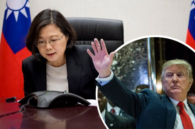 Taiwan’s President Tsai Ing-wen speaks on the phone with US president-elect Donald Trump at her office in Taipei