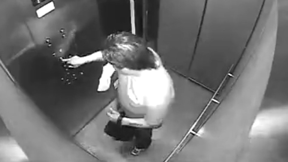  The man gets into the lift with what looks like a delivery bag of food and presses the button