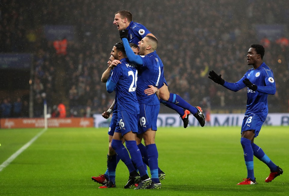 Jamie Vardy scores his second and Leicester's third goal of the day