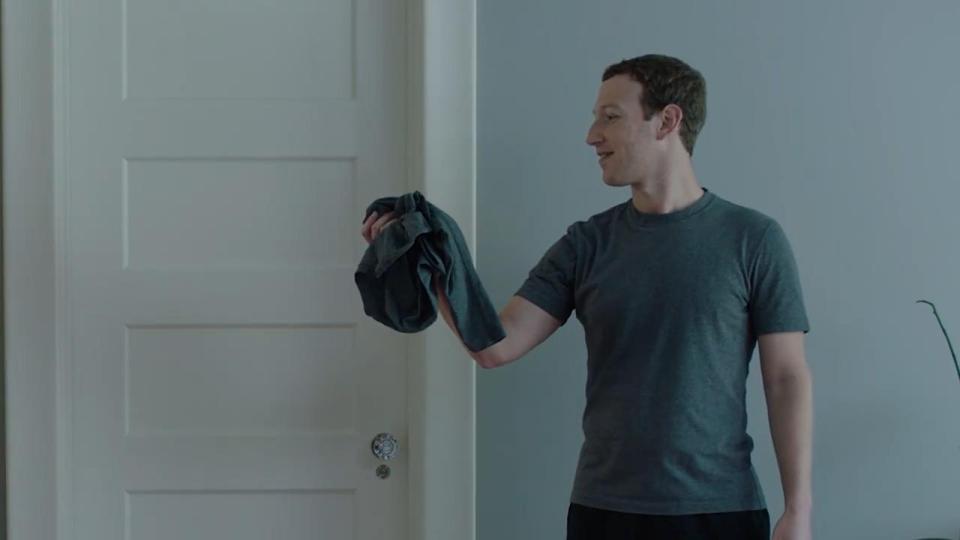 Zuckerberg grabs a top shot from his wardrobe cannon which is controlled by Jarvis