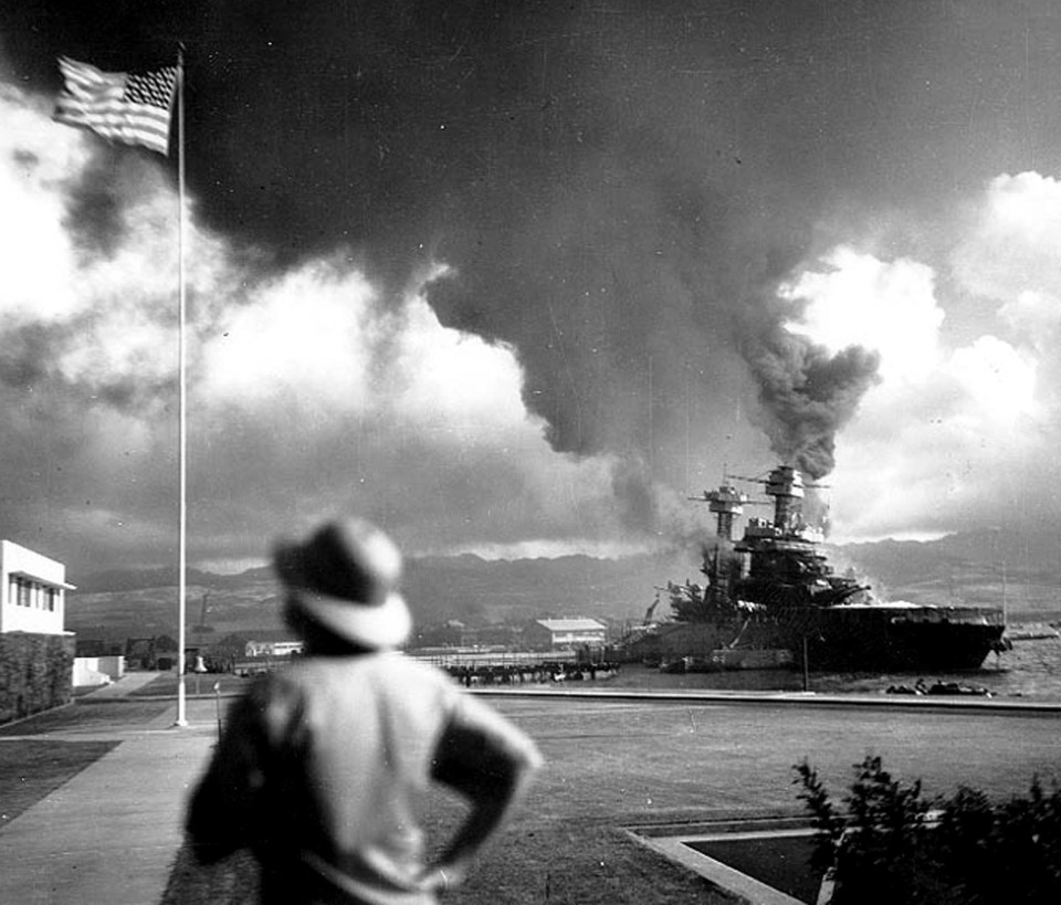 The US Navy battleship USS California is seen ablaze after an attack by Japanese carrier based strike aircraft on the Hawaiian port of Pearl Harbor