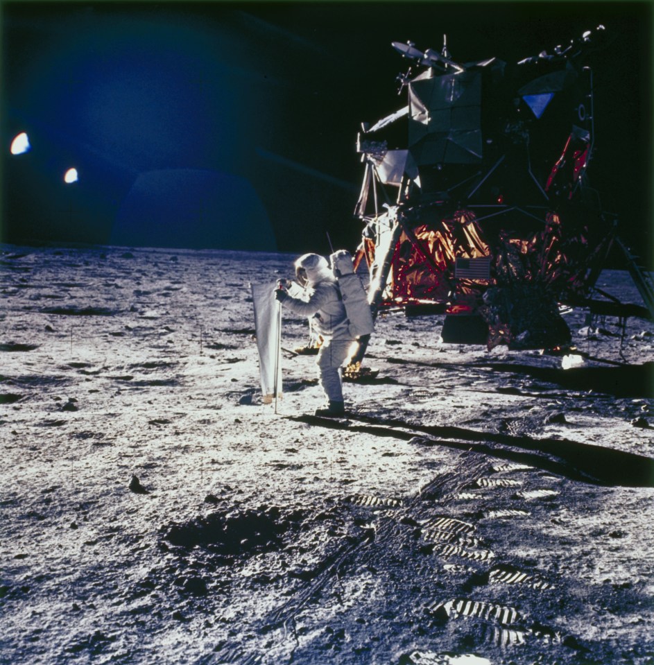 Aldrin deploying the solar wind experiment on the lunar surface