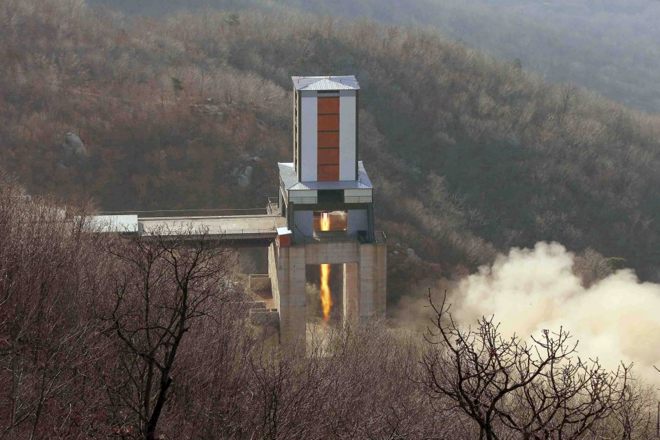  A new engine for an intercontinental ballistic missle (ICBM) is tested at a test site at Sohae Space Center