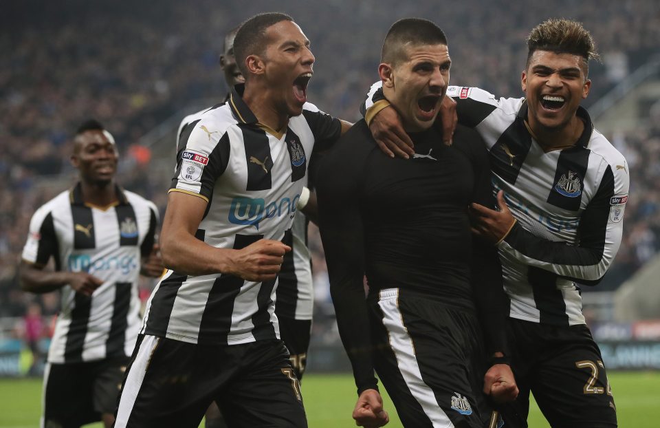 Aleksandar Mitrovic celebrates after he scores his second goal during the EFL Cup 