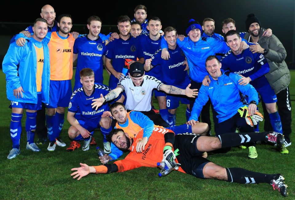  Curzon Ashton players celebrate after their first round win over Westfields