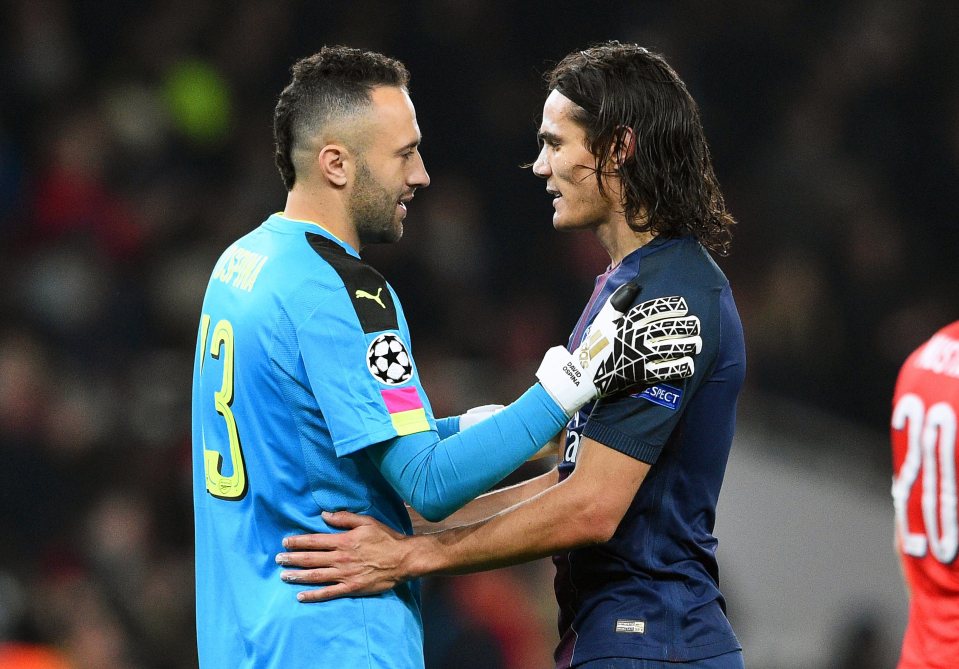  David Ospina, seen with PSG striker Edinson Cavani, plays in the Gunners' Champions League games