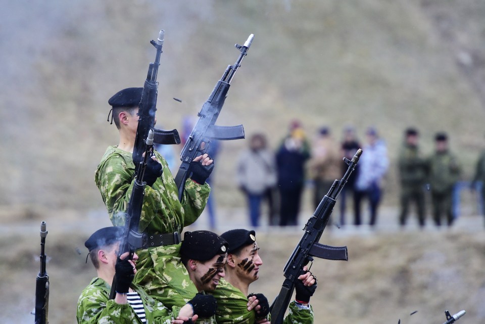  Russian marine infantry soldiers perform during a military show in November