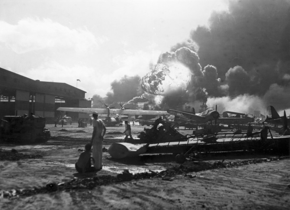 Explosions seen from Hickam Field during the Japanese attack on Pearl Harbor