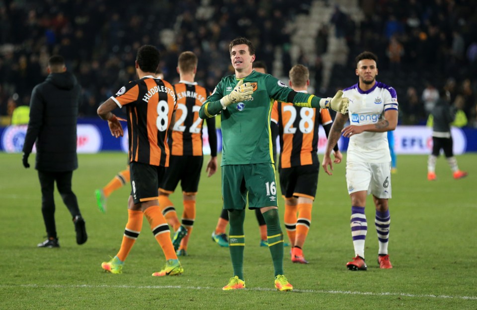 Eldin Jakupovic celebrates after coming through a shootout against Newcastle