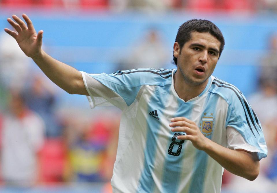  Juan Roman Riquelme celebrates after scoring in the 2005 Confederations Cup