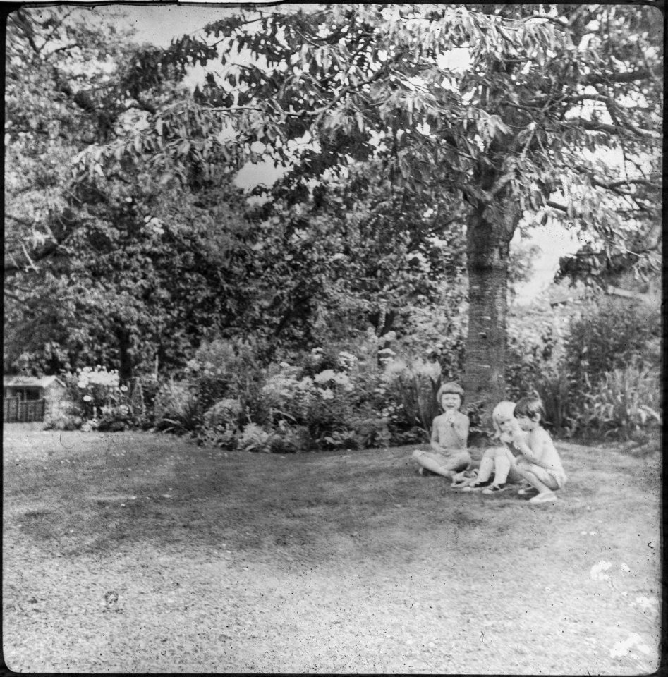 Children lean up against a tree while enjoying themselves at the wedding