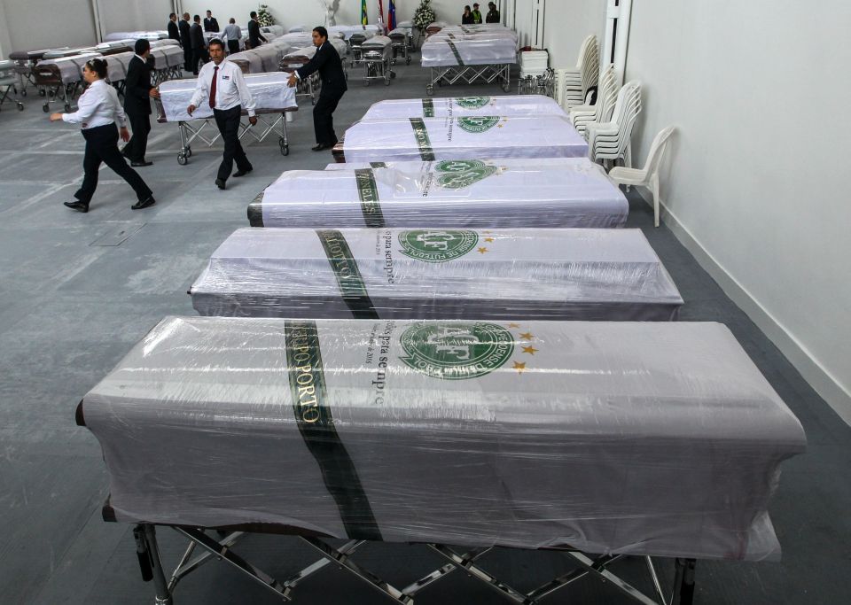 Coffins of Chapecoense players killed in Monday's plane crash