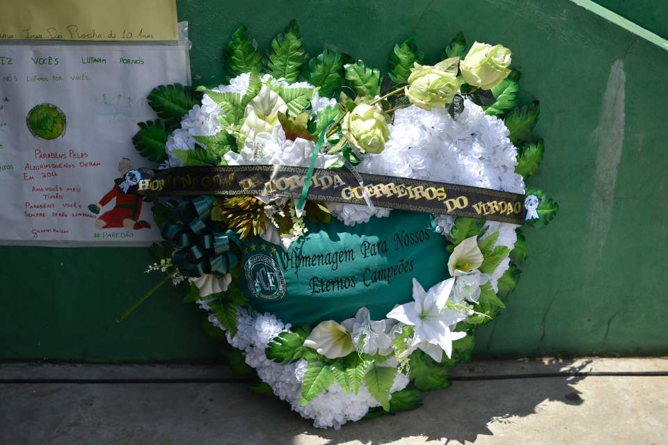 A wreath left as a tribute to the players of Brazilian team Chapecoense who were killed in a plane accident 