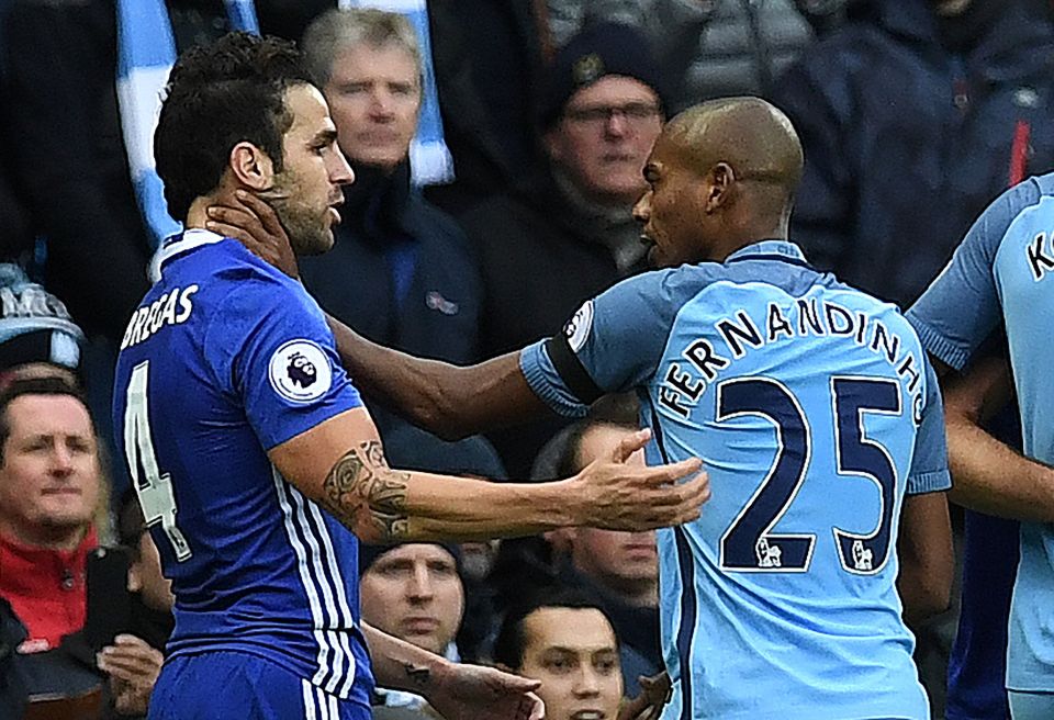  Fernandinho was sent off for clashing aggressively towards Fabregas